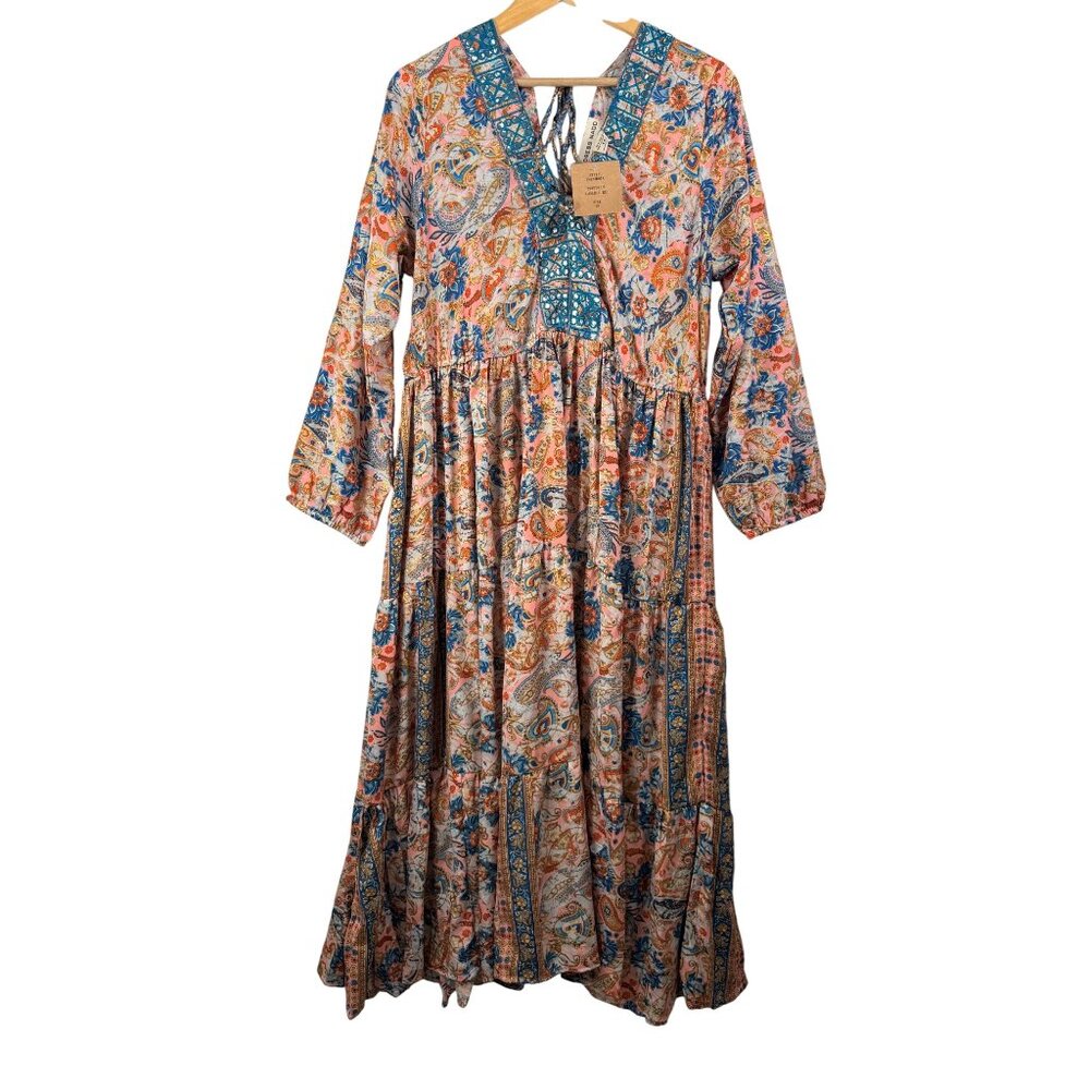 NAOO Nation Paisley floral Print In Gold Teal boho sequin tiered maxi dress sz 1